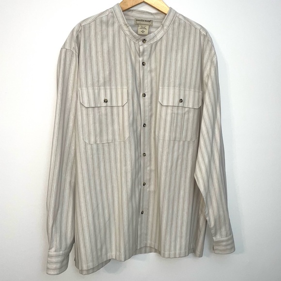 Vtg Scandia Woods Men’s Button Down Shirt XL Band Collar Beige Pinstripe Cotton - Picture 1 of 11